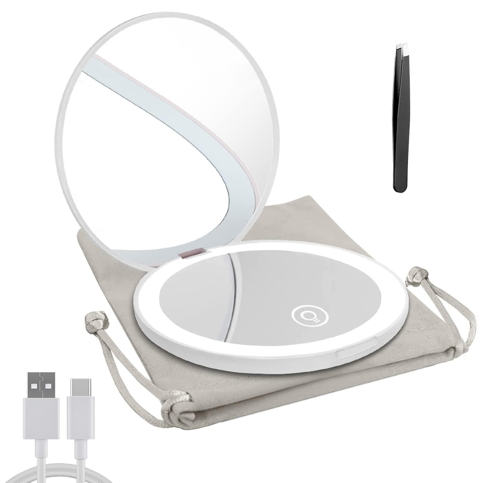 Milishow Compact Mirror with LED Light,1x/10x Magnifying Rechargeable Mirror,3.5in, Dimmable Travel Mirror for Purse,Pocket,Handheld 2-Sided Makeup Mirror