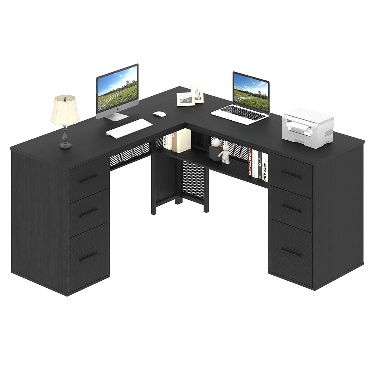 HSH Black L Shaped Desk with File Drawers Shelves, Reversible Corner Metal Wood Computer Desk with Storage Cabinet, Modern Large Executive Work Writing Study Table for Home Office Bedroom, 59 Inch - Image 9
