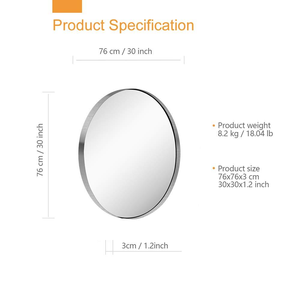 KAASUNES 30-Inch Circle Mirro Brushed Nickel Silver Wall Mounted Round Mirror, Glass Panel Circle Deep Set Design Stainless Steel Framed Mirror for Bathroom Vanity, Entryways, Living Rooms - Image 3