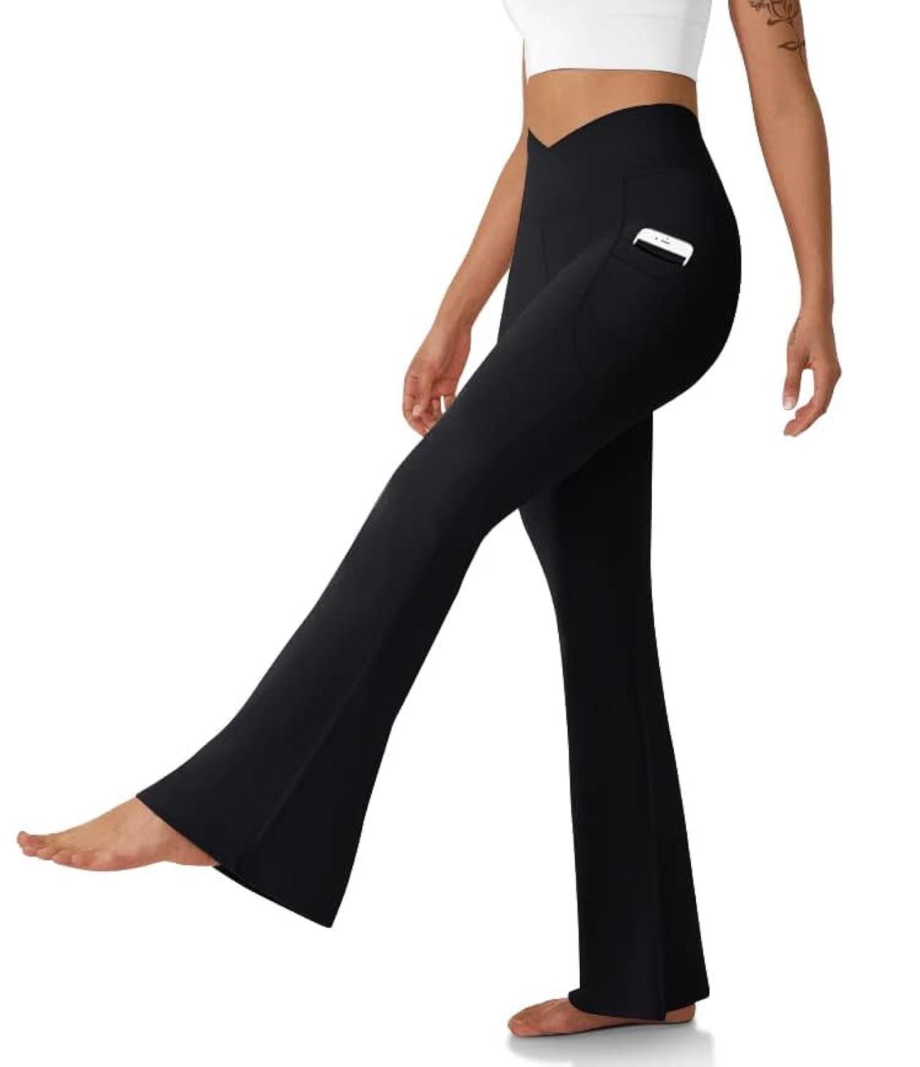 DLOODA Women's Flare Leggings with Pockets-Crossover High Waisted Bootcut Yoga Pants-Tummy Control Bell Bottom Leggings