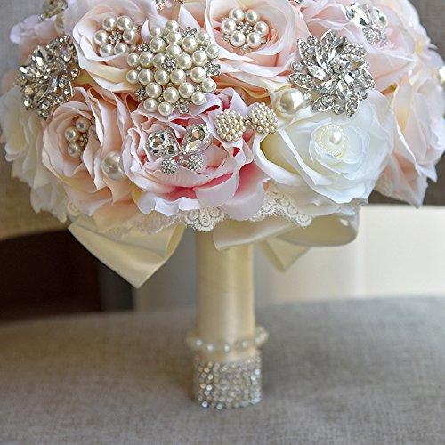 Abbie Home Luxury Brooch Bouquet for Wedding - Crystal Pearls and Rhinestone Jewelry Decorated Rose Flower Bridal Flower in Champagne Blush (Champagne) - Image 5