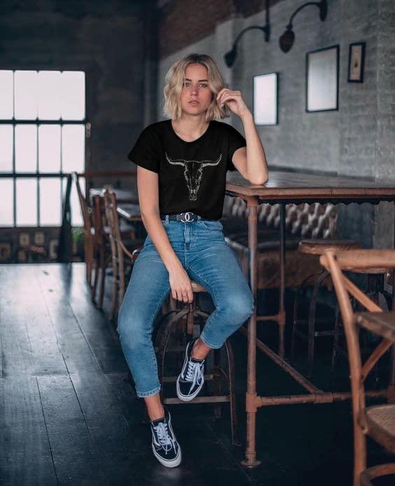 Boho Cow Skull Shirt Women Cowgirl t Shirt Vintage Western Rodeo Graphic Tee Short Sleeve Bull Skull Casual Top - Image 3