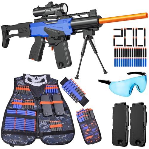 Toy Gun Automatic Sniper Rifle with Scope, Tactical Vest Kit, Toy Foam Blasters with 200 Soft Bullets, 2 Magazinine and Bipod, Electric Gun for Boys Age 8-12, Gifts for Birthday Christmas