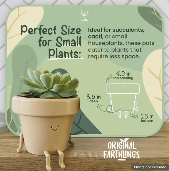 Original Earthlings Sitting Pot - 3.5 Inch Cute Plant Pot - Plastic Funny Planter with Drainage - Unique Cactus Plant Lover Gift - Small Succulent Face Flower Pot - Cute Plant Gifts for Plant Lovers - Image 3