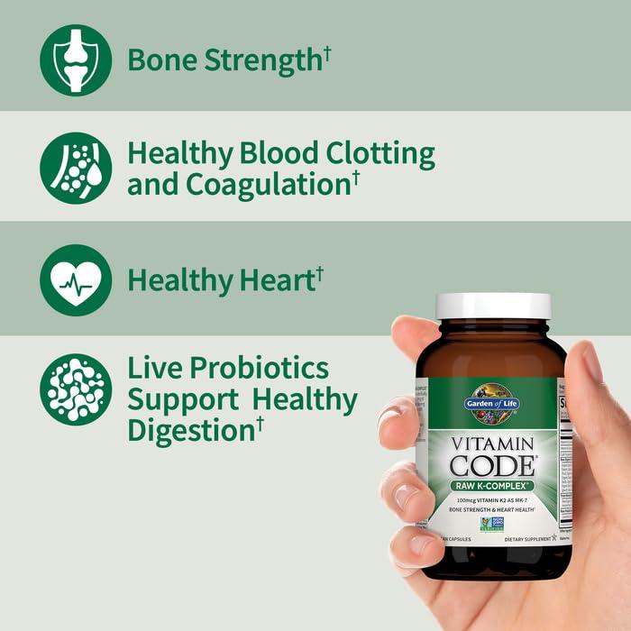 Garden of Life Vitamin K2 and K1, Vitamin Code Vegan K Complex Vitamin for Bone Strength and Heart Health, Vitamin K1 and K2, Omega Rich Flax Seed Oil, Trace Minerals, Probiotics, 60 Day Supply - Image 2