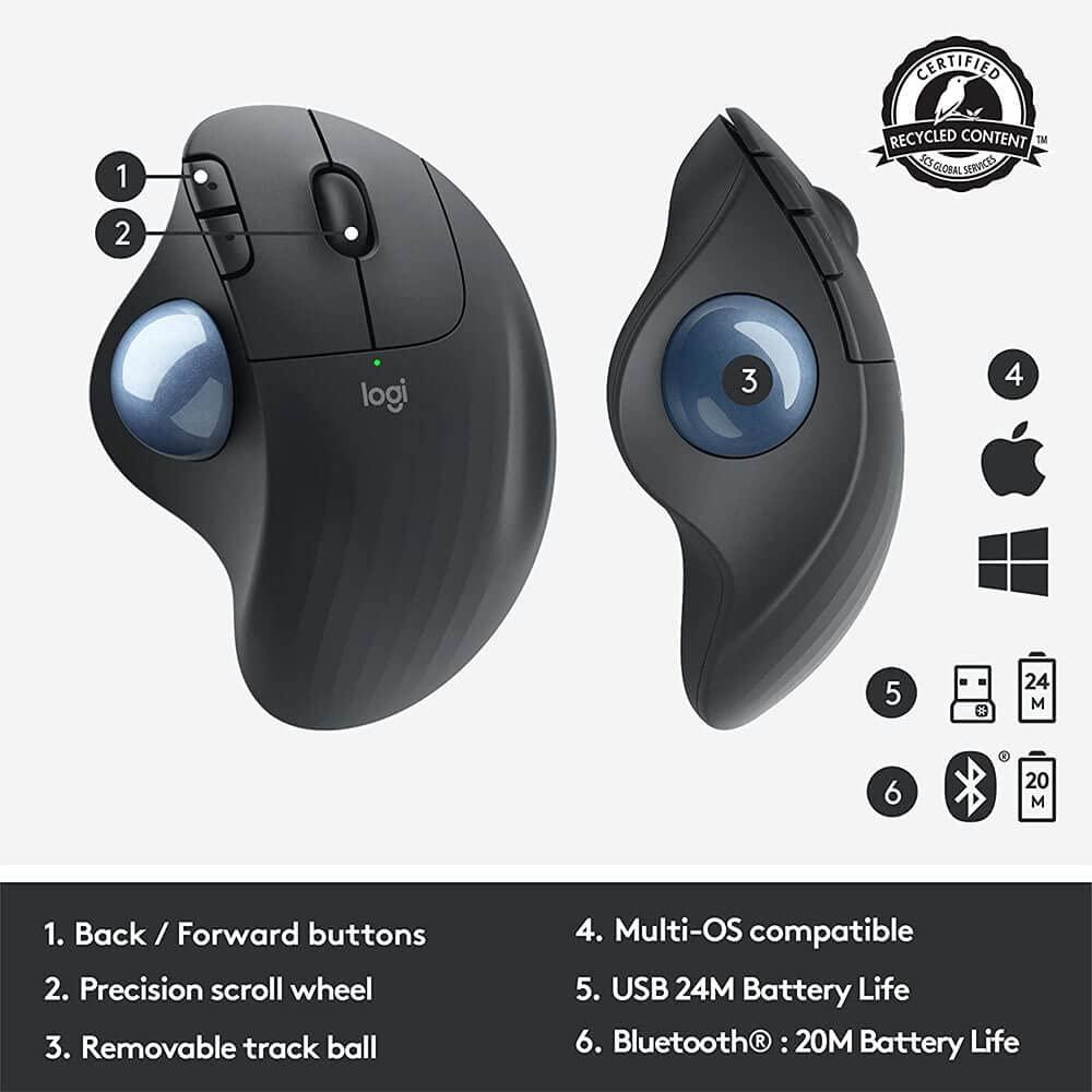 Logitech M575 Ergonomic Wireless Trackball USB Mouse, Black (910-005869) - Image 7
