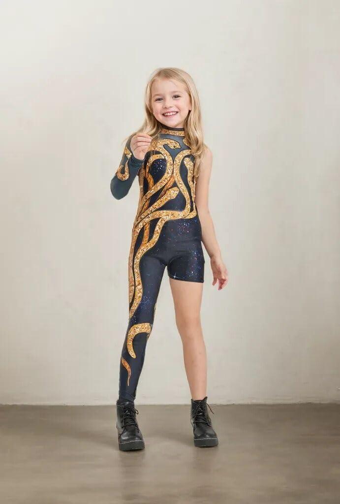 Sufeasdf Girls Gold Snake Costume Concert Bodysuit Birthday Party Cosplay Outfit - Image 3