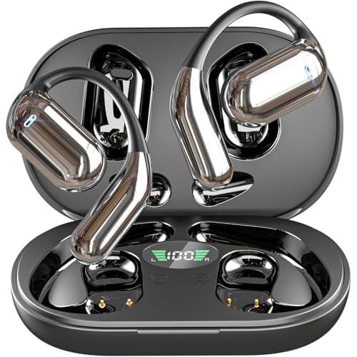 Open Ear Bone Conduction Bluetooth 5.4 Headphones,Wireless Earbuds Built-in Mic Sport Over Earphones with Comfort Ear Hooks LED Display Charging Case,Waterproof IPX7 Headset for Running Fitness,Black1