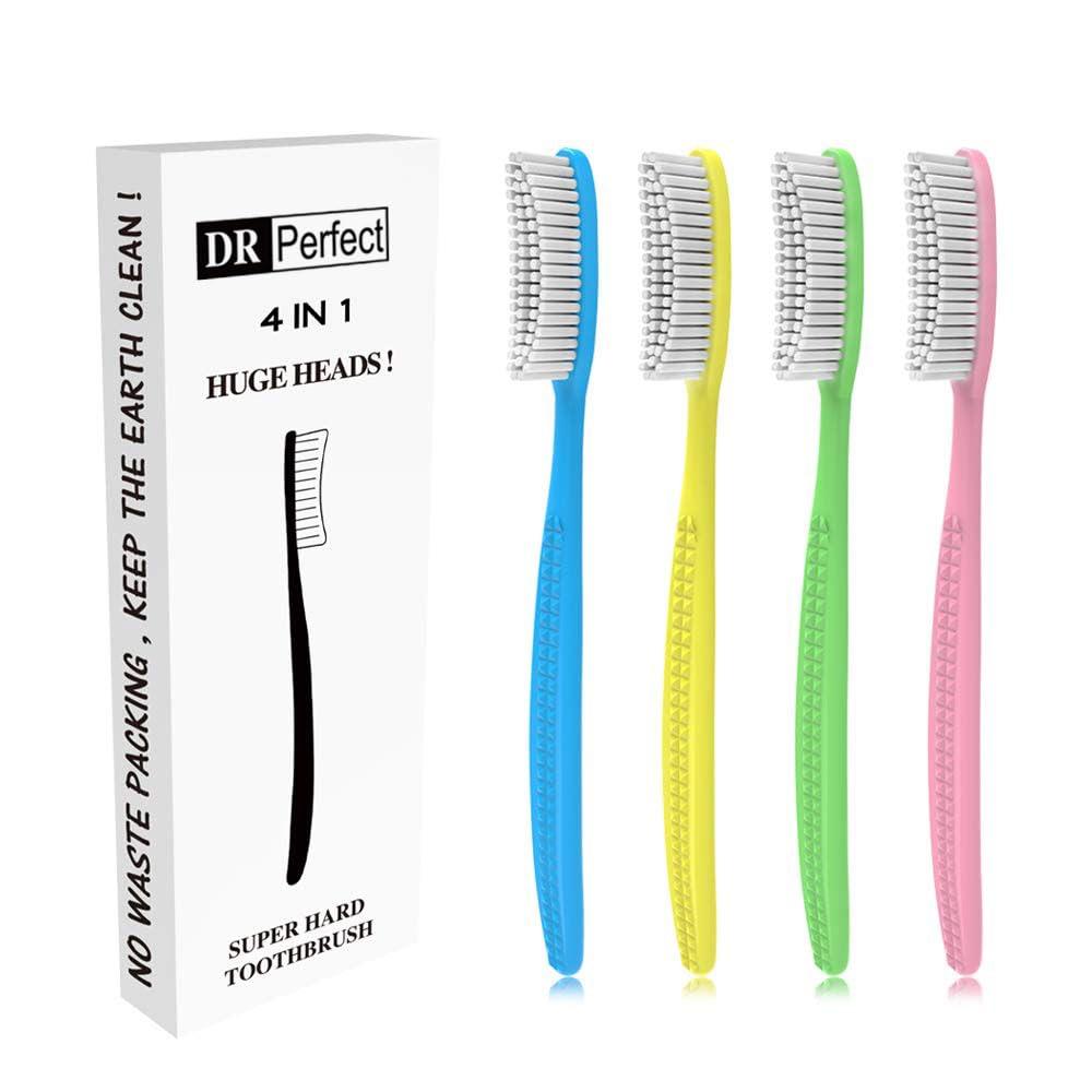 DR PEFECT Extra Hard & Firm Toothbrush Large Long Head Whitening Teeth Pack of 4