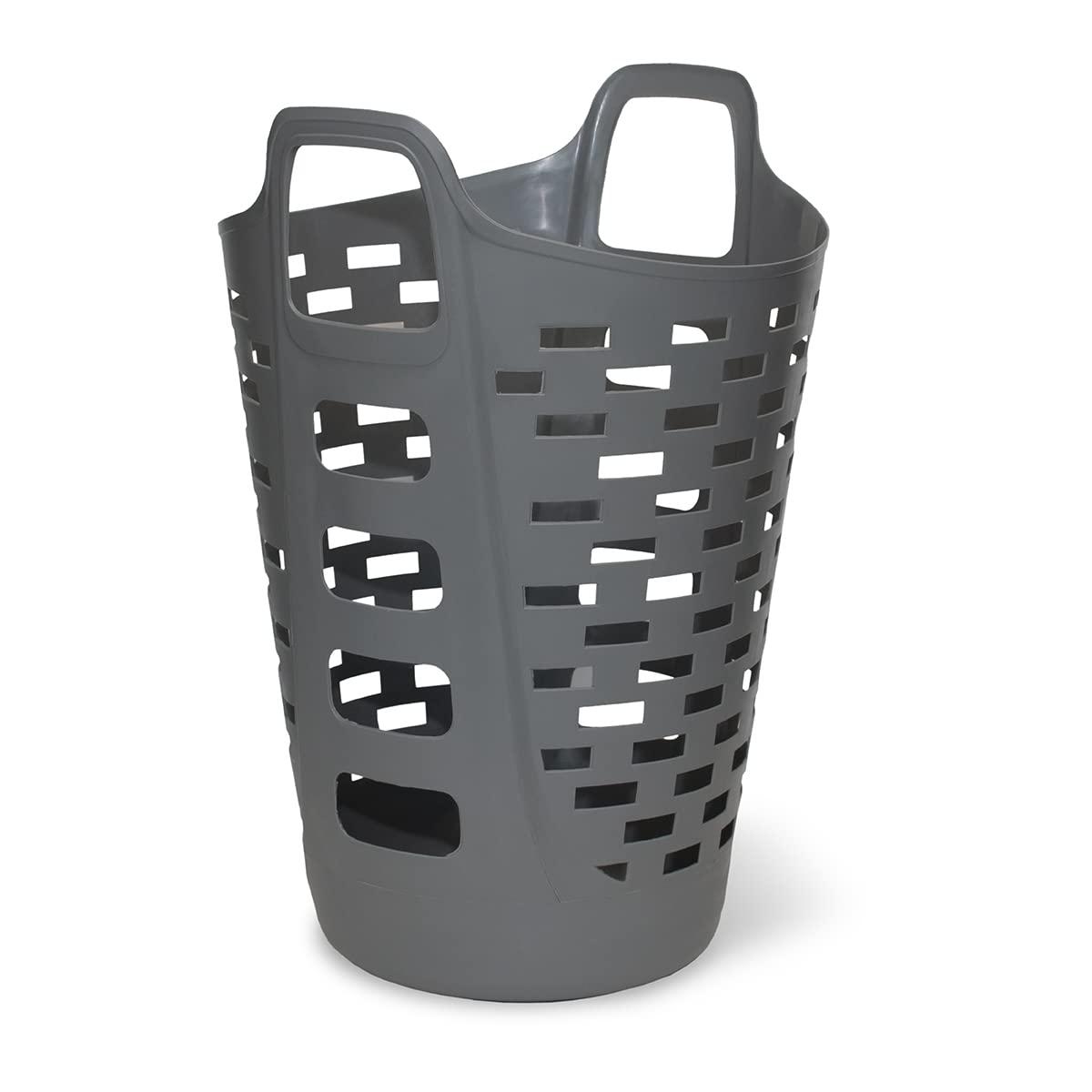 Clorox Flexible Laundry Basket - Tall Plastic Hamper for Clothes, Bedroom, and Storage - Portable Round Bin with Carry Handles, 2 Bushel, Grey