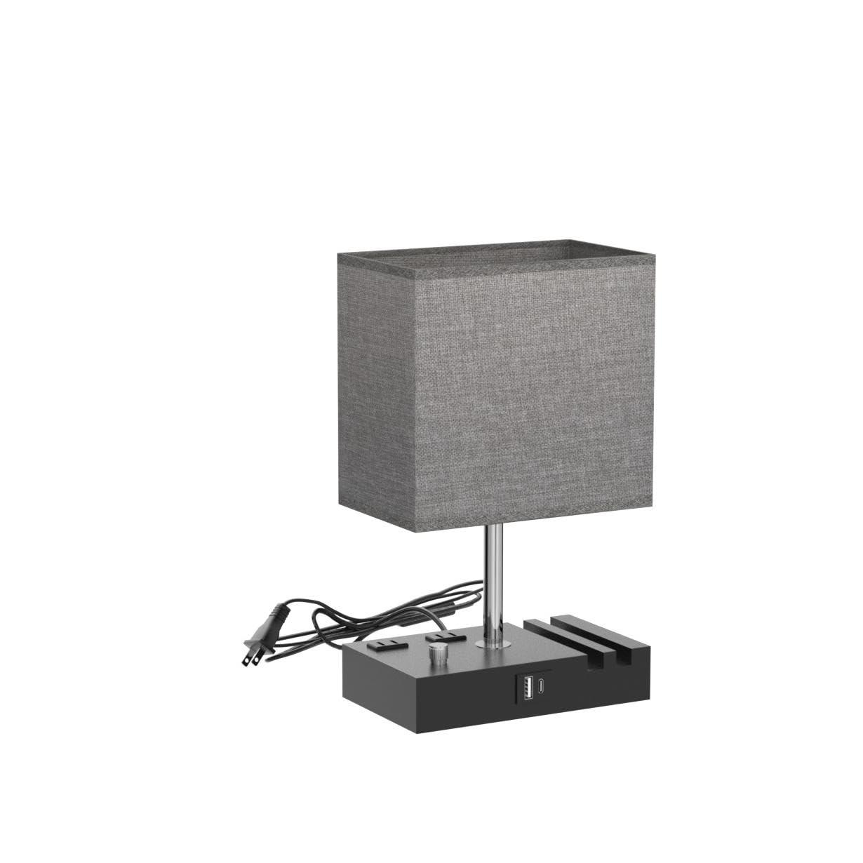 Kakanuo Fully Dimmable Nightstand Lamp for Bedroom with USB C Ports, Grey Small Bedside Table Lamp with Charging Outlets and Phone Stands, Wooden Desk Lamp for Living Room, LED Bulb Included - Image 4