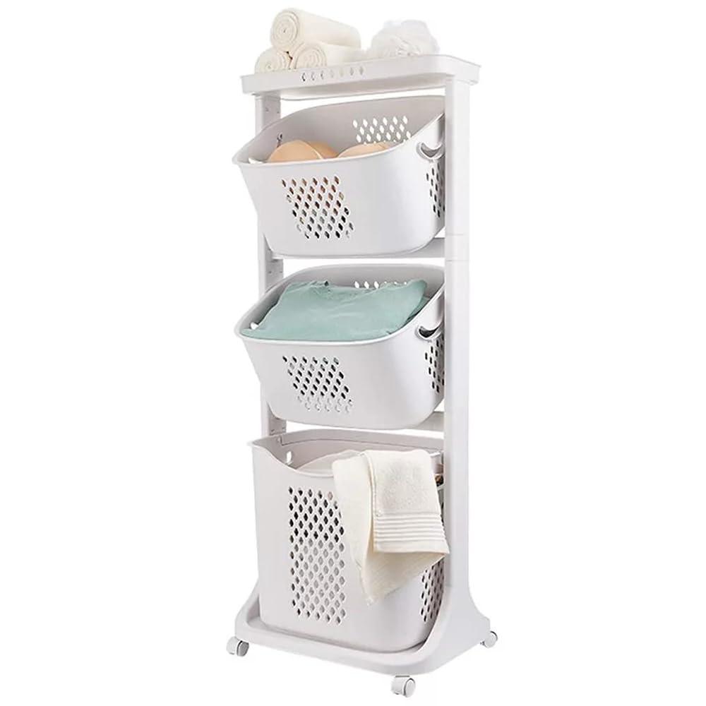 BAOKALER Rolling Laundry Hamper Cart with Wheels, 3 Tier White Laundry Baskets, Clothes Hamper with Portable Storage Baskets for Kitchens, Bathrooms, Bedrooms, Classrooms, Laundry Rooms