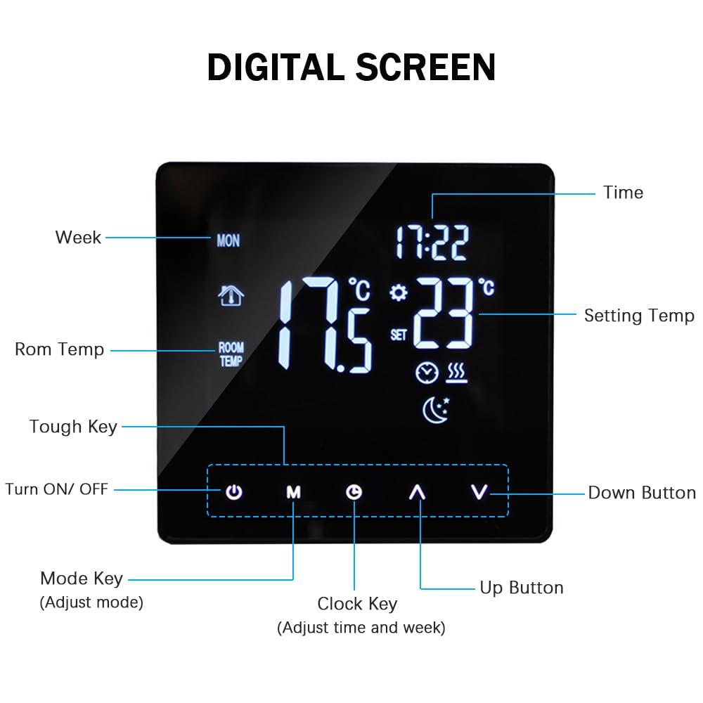 WOTAO Wi-Fi Smart Thermostat Temperature Controller for Electric Heating LCD Display Touch Screen Week Programmable App Control Underfloor Heating Thermostats for Home Office School Hotel - Image 4