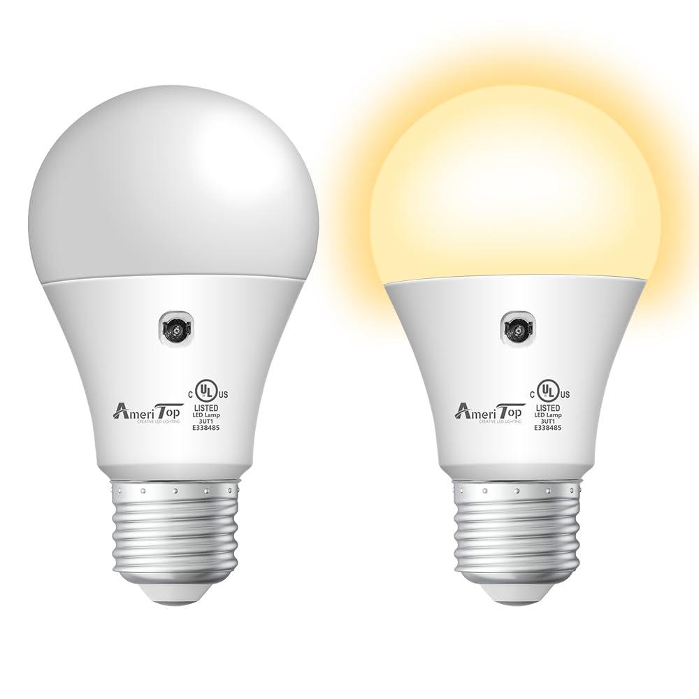 AmeriTop Dusk to Dawn Light Bulb- 2 Pack, A19 LED Sensor Light Bulbs; UL Listed, Automatic On/Off, 800 Lumen, 10W(60 Watt Equivalent), E26 Base, Indoor/Outdoor Lighting Bulb (3000K Warm White)