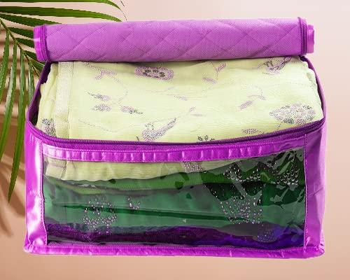 atorakushon Satin Fabric Foldable Garments Saree Blouse Cover Bag Pouch Closet Wardrobe Organizer With Clear Window Zipper Lock Pack of 5 (Purple) - Image 5