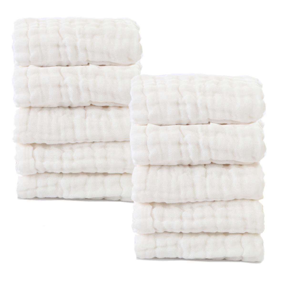 Baby Muslin Washcloths- Natural Organic Cotton Baby Wipes - Soft Newborn Baby Face Towel for Sensitive Skin- Baby Registry as Shower Gift, 10 Pack 10x10 inches By MUKIN (White)
