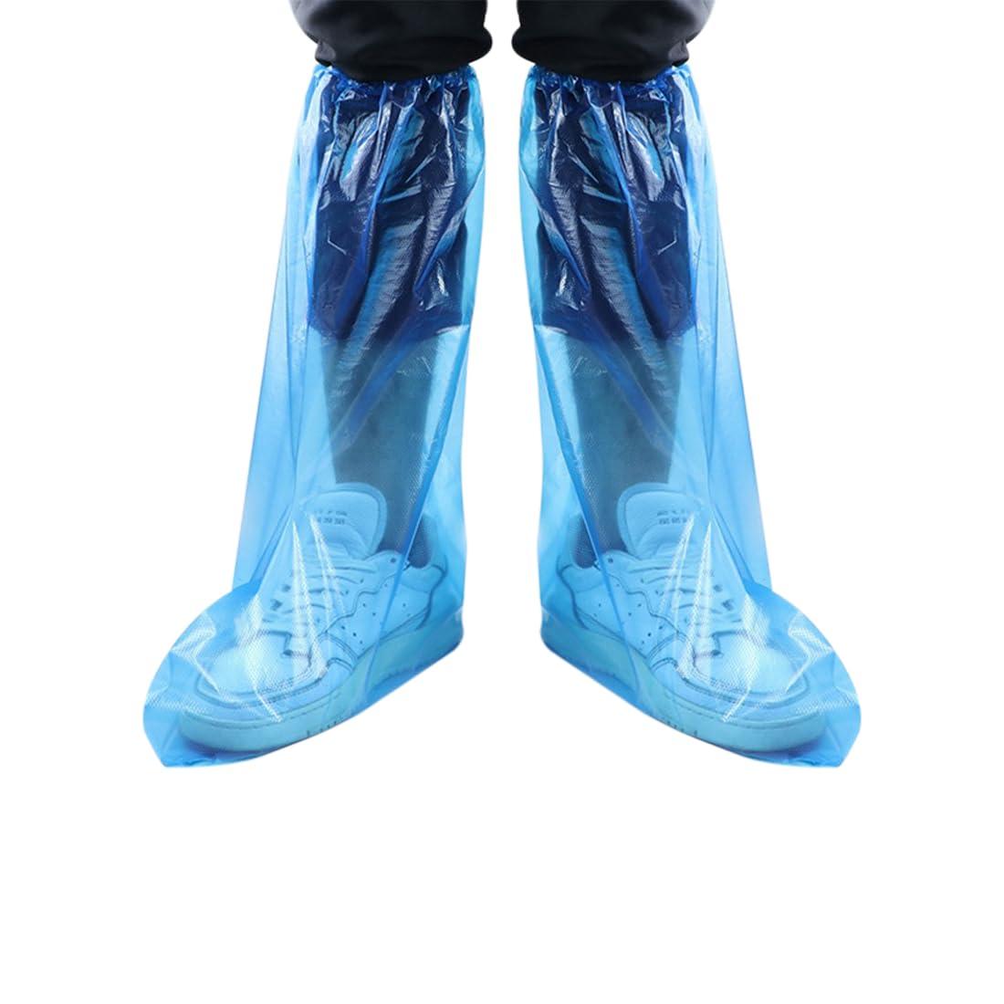 Disposable Shoe Covers Blue Rain Shoes and Boots Cover Plastic Long Shoe Cover Clear Waterproof Anti-Slip Overshoe for Women Men Water Boots Cover Rainy Day Use Cover (10 Pack(5 Pairs))