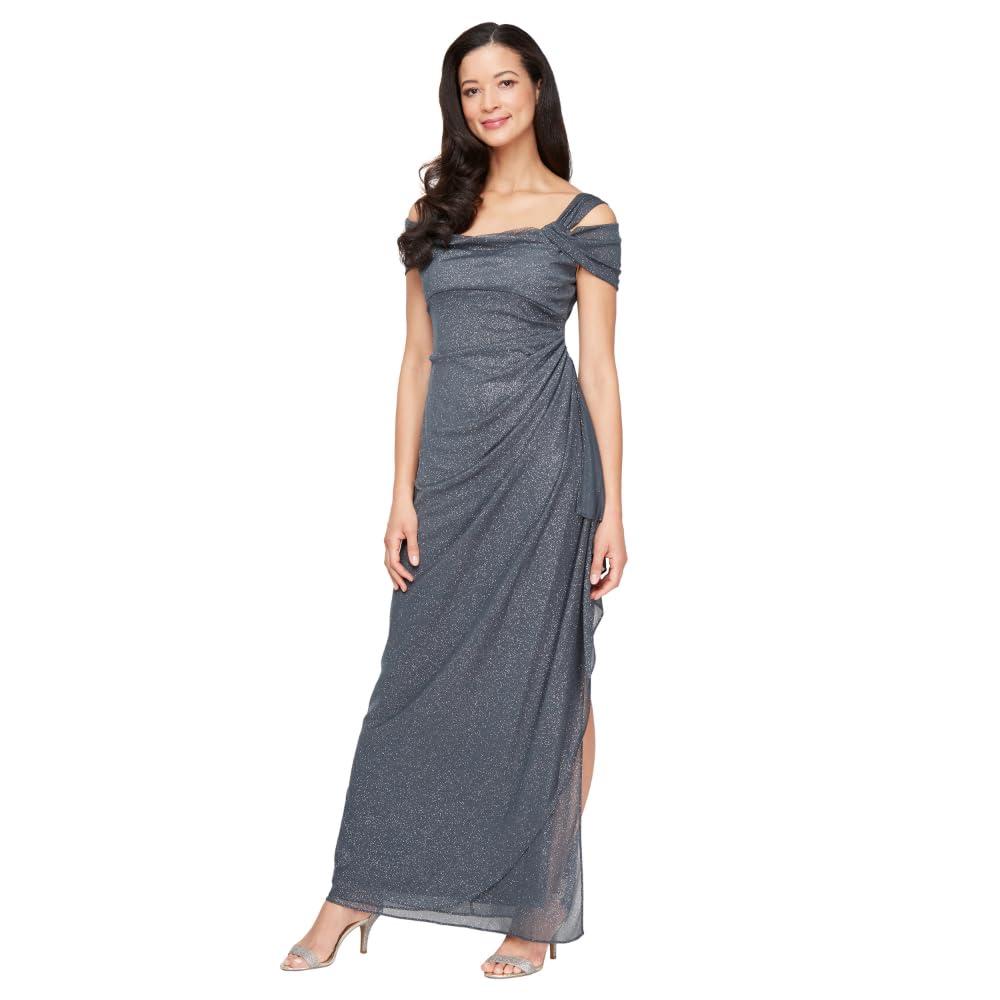 Alex Evenings Women's Long Cold Shoulder Dress, Mother of The Bride, Formal Events, (Petite and Regular Sizes)