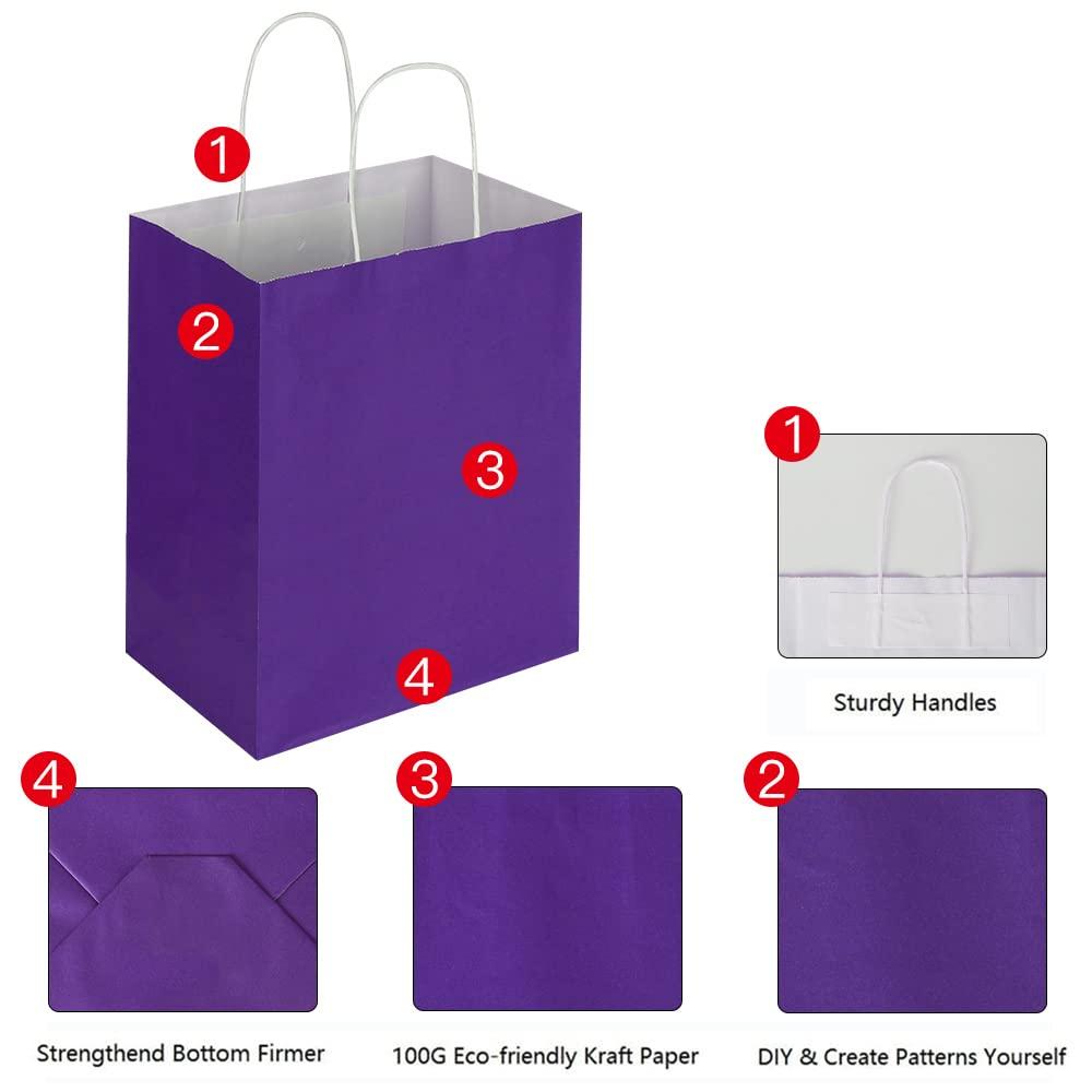 Oikss 100 Pack 8x4.75x10 Inch Medium Purple Kraft Paper Bags with Handles Bulk for Birthday Wedding Party Favors Grocery Retail Shopping Business Takeout Goody Craft Gift Bags Sacks, (100pcs Count) - Image 3