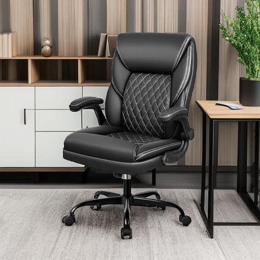 BestEra Office Chair, Executive Leather Chair Home Office Desk Chairs, Ergonomic Computer Desk Chair with Adjustable Flip-Up Arms, Lumber Support Swivel Task Chair with Rocking Function (Black) - Image 6