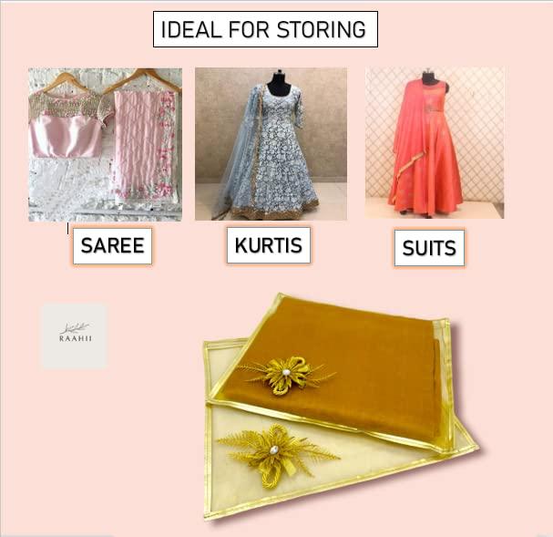 RAAHII Polyvinyl Chloride Wedding Gifting 5 Piece Single Saree/Suit Packing Sari Cover/Saree Pouch Bag With Zip Organizer For Wardrobe Storage Or Gifting,43 Cm,1 Cm,Gold - Image 3