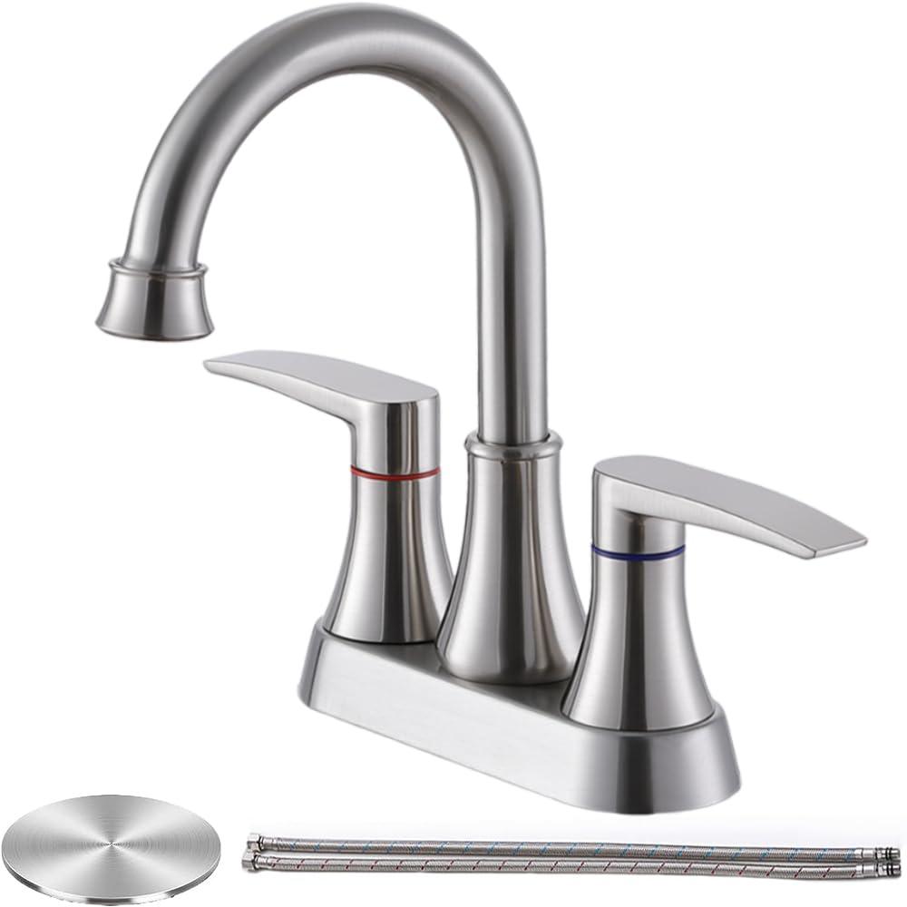 VALISY Brushed Nickel Bathroom Faucet, 2-Handle Lead-Free 360° Swivel High-Arc Spout 4 Inch Centerset Bath Lavatory Vanity Sink Faucets Set for Sinks with Drain & Water Hoses, VABM80008L