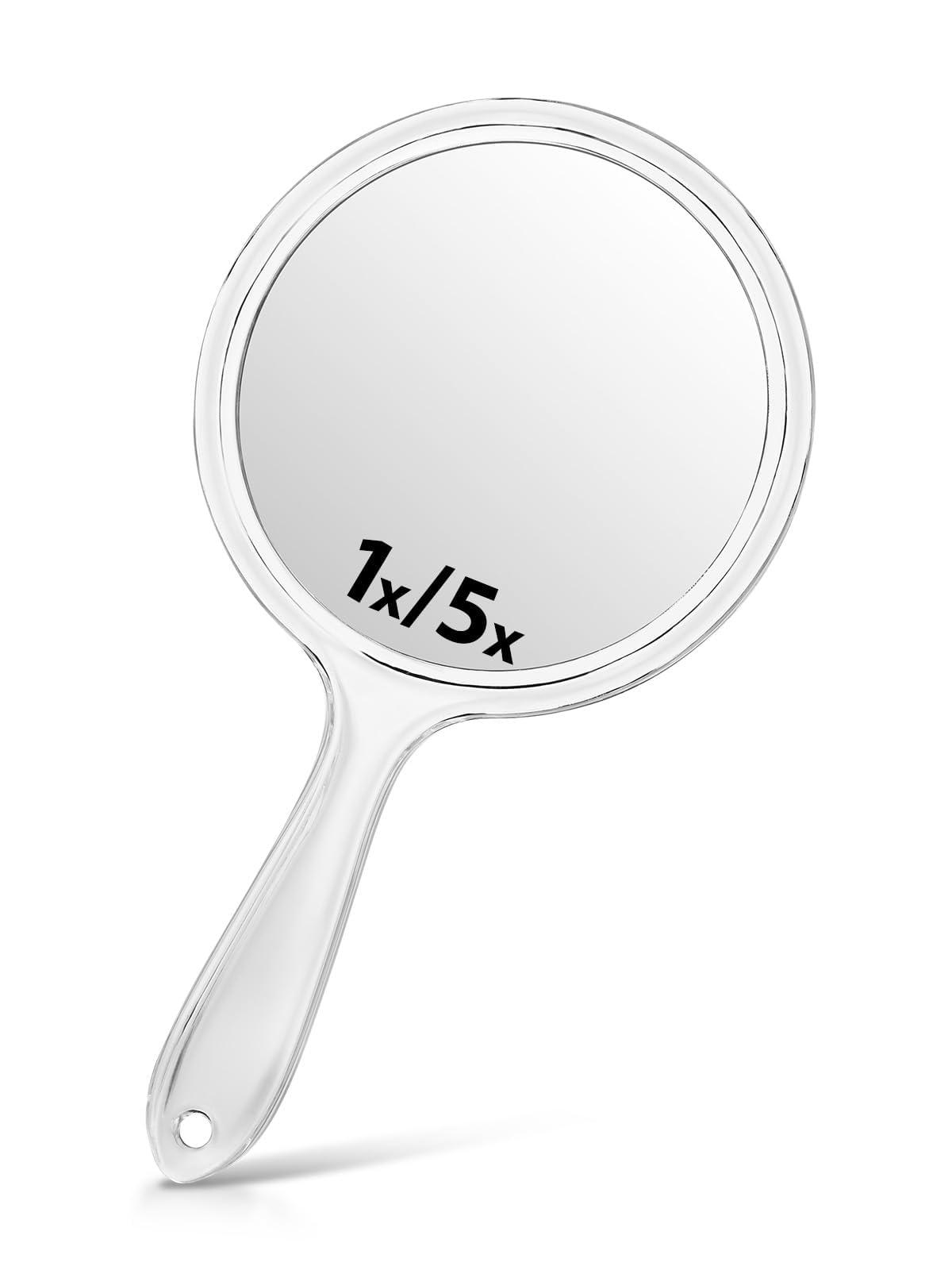 Macaki Hand Mirror, Double-Sided 1X/5X Magnifying Mirror with Handle, Acrylic, 8.3" L x 4.5" W, Clear, Pack of 1