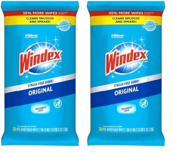 Windex Glass and Surface Pre-Moistened Wipes, Original, 38 Count (Pack of 2)