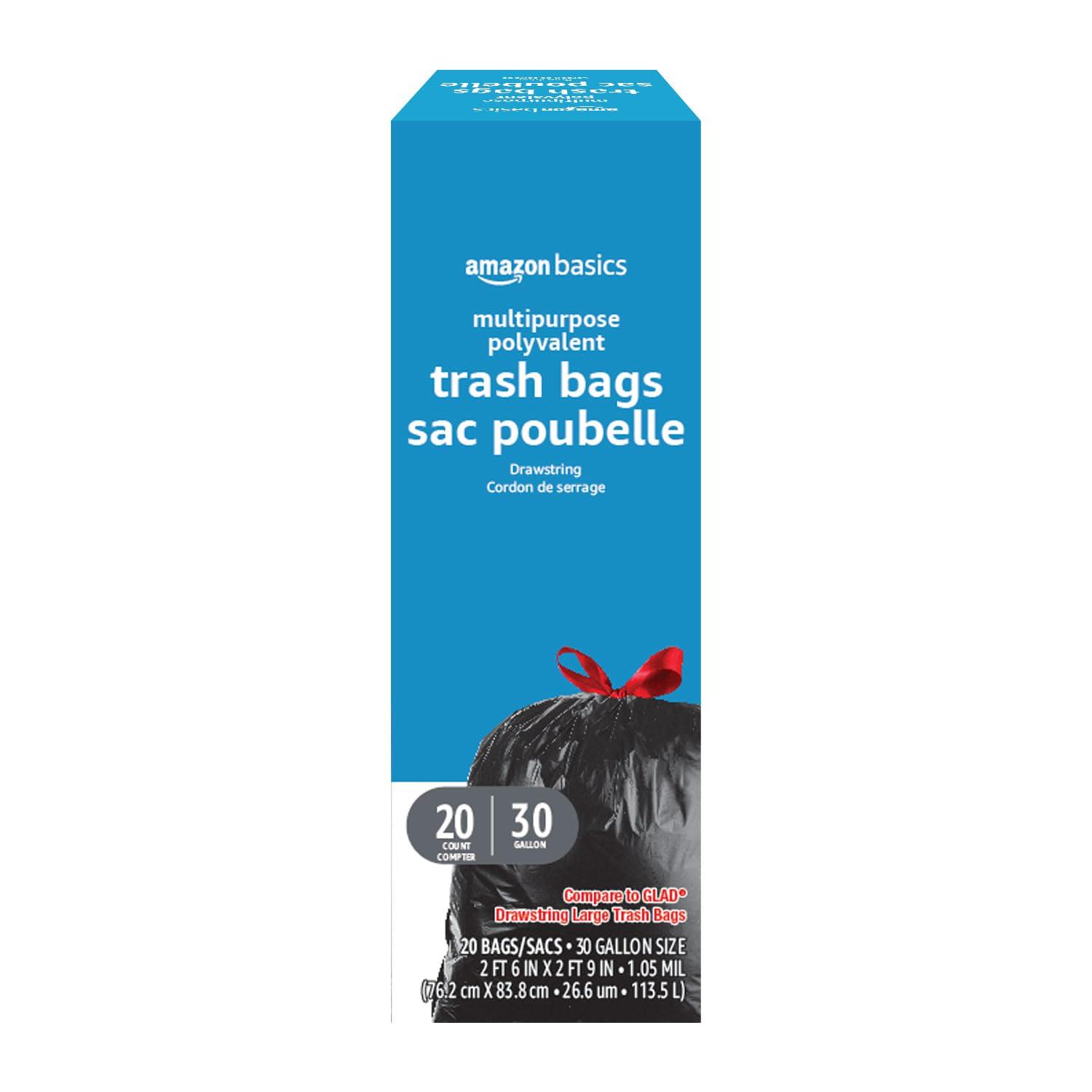 Amazon Basics Multipurpose Drawstring Trash Bags, 30 Gallon, 20 Count, Pack of 1