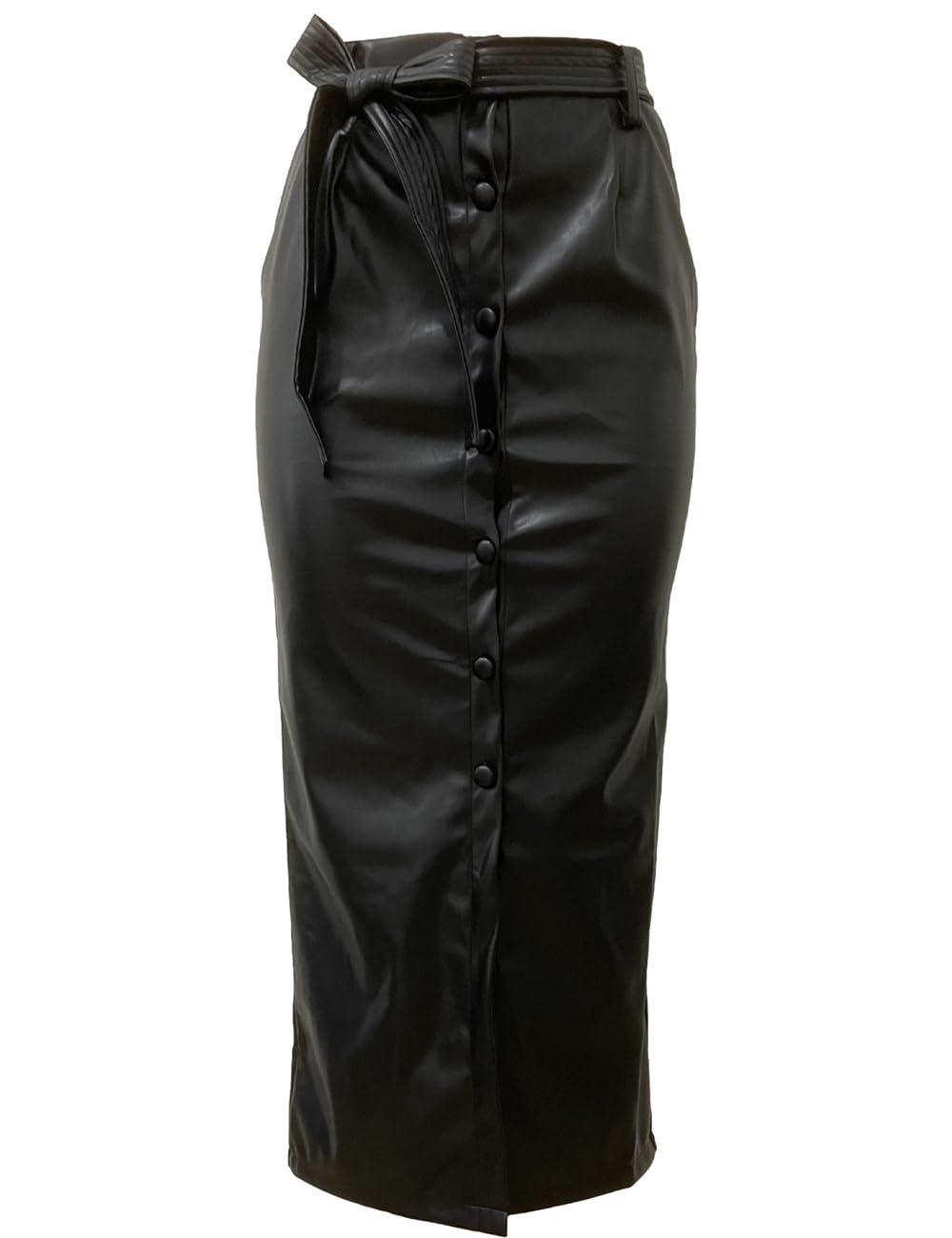 Shiyinvie Women Button Down Front Slit Faux PU Leather Maxi Long Skirt with Belt - Image 4