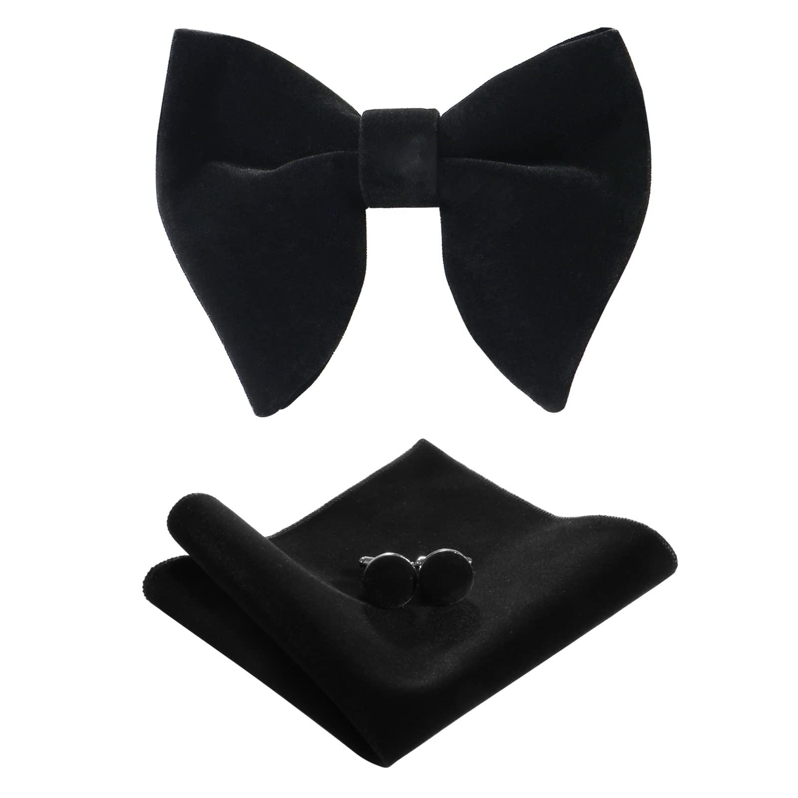 PACGOTH Bow Ties for Men Pre-Tied Bow Tie Vintage Tuxedo Oversized Velvet Bow Ties Cufflinks Pocket Square Sets With Gift Box