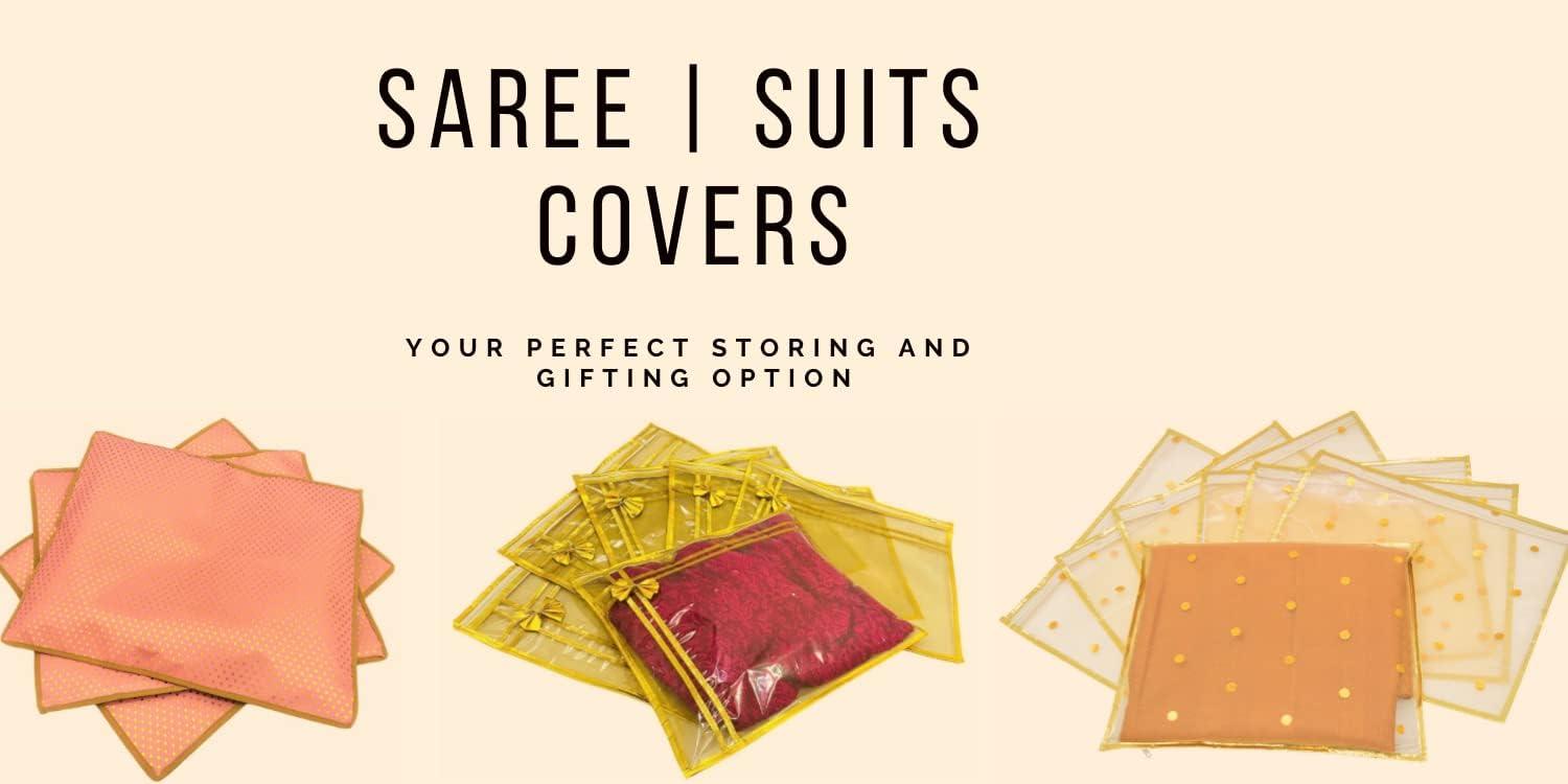 10 piece transparent single Saree/Suit Packing Sari Cover/Bag Organizer with zip for Wardrobe Storage and wedding gifting,dress covers (Golden, Pack of 10) - Image 6