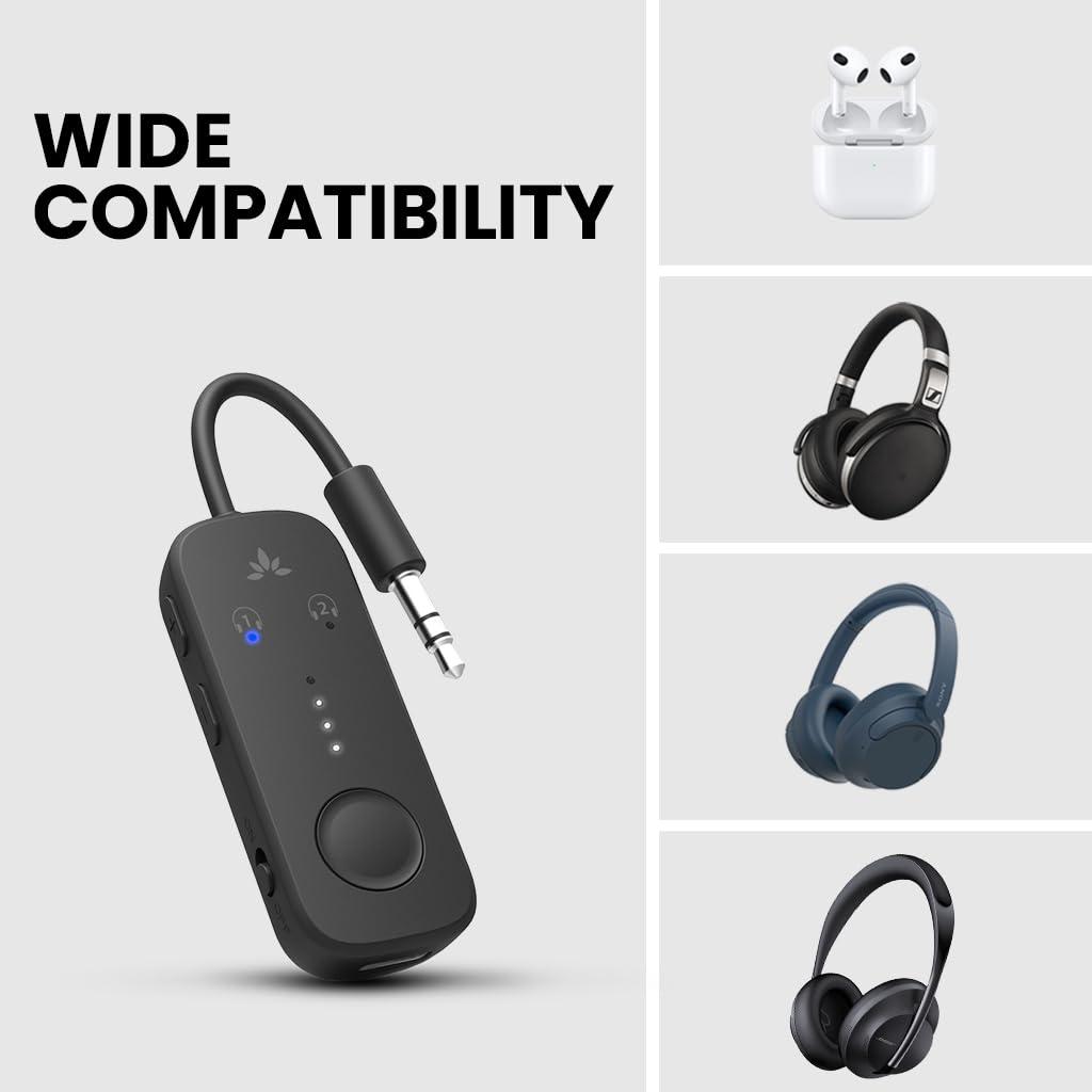 Avantree Relay - Airplane Bluetooth 5.3 Adapter with Qualcomm aptX Adaptive, Supports 2 AirPods or Headphones, 20Hr Playtime, 3.5mm AUX Wireless Audio Transmitter for Travel Flight, Airline, Gym, TV - Image 4