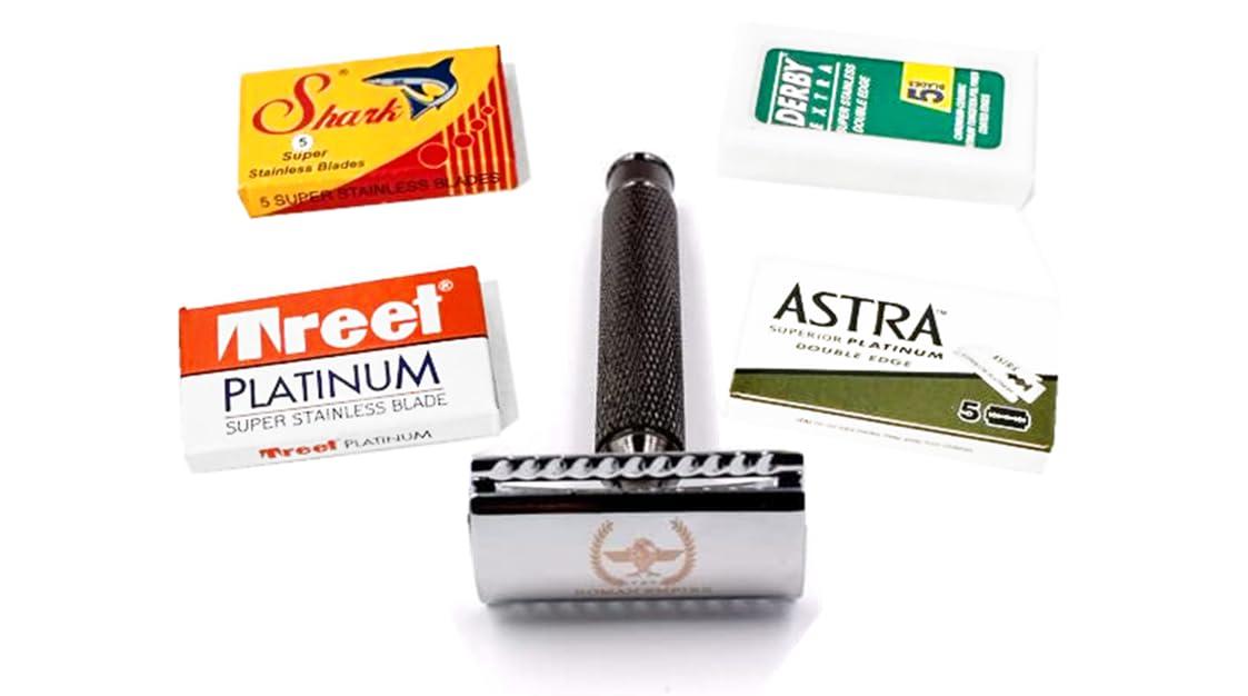 Caesar Gun Metal Safety Razor by Roman Empire Shaving with Set of 20 Shaving Blades (Astra-Derby-Shark-Treet) - Image 4