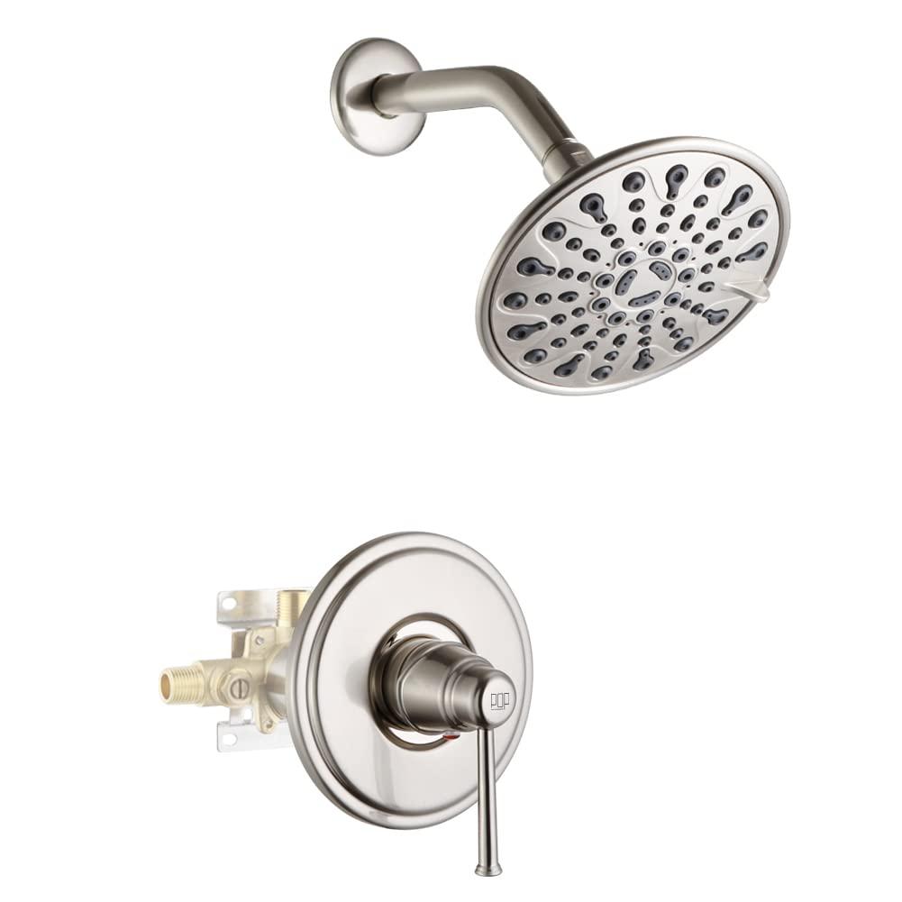 POP SANITARYWARE Shower Faucet Set Brushed Nickel, Bathroom Rain Mixer Shower System, 6 Inch Shower Head and Handle Set, Single Function Shower Trim Kit with Rough-in Valve