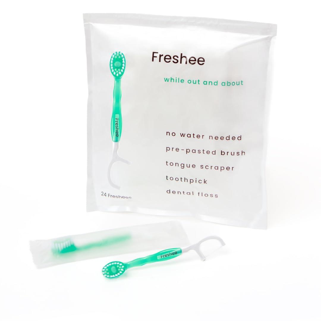 Freshee 5 in 1 Disposable Mini Toothbrush with Toothpaste + Floss + Pick + Tongue Scraper | Travel Size | Individually Wrapped | Soft | Mint | Travel Set | Oral Care