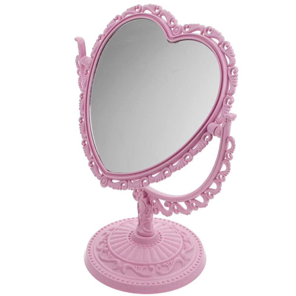 AKOAK 1 Pack Simple and Lovely Heart-Shaped Cosmetic Mirror Plastic Double-Sided Rotatable Dresser Mirror Lightweight Portable Bathroom Bedroom Mirror （Four-Color）(Pink) - Image 4