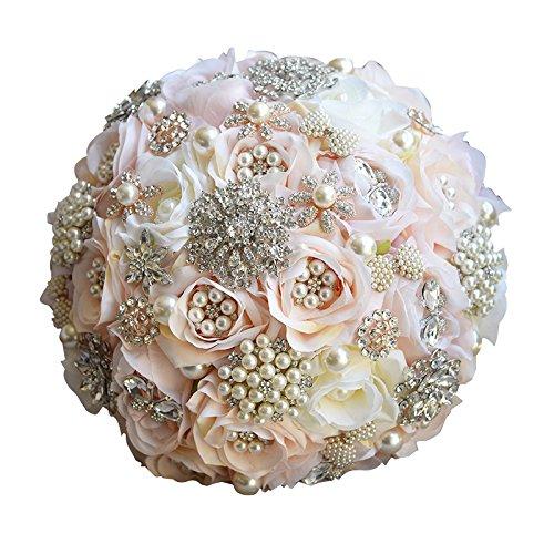 Abbie Home Luxury Brooch Bouquet for Wedding - Crystal Pearls and Rhinestone Jewelry Decorated Rose Flower Bridal Flower in Champagne Blush (Champagne)