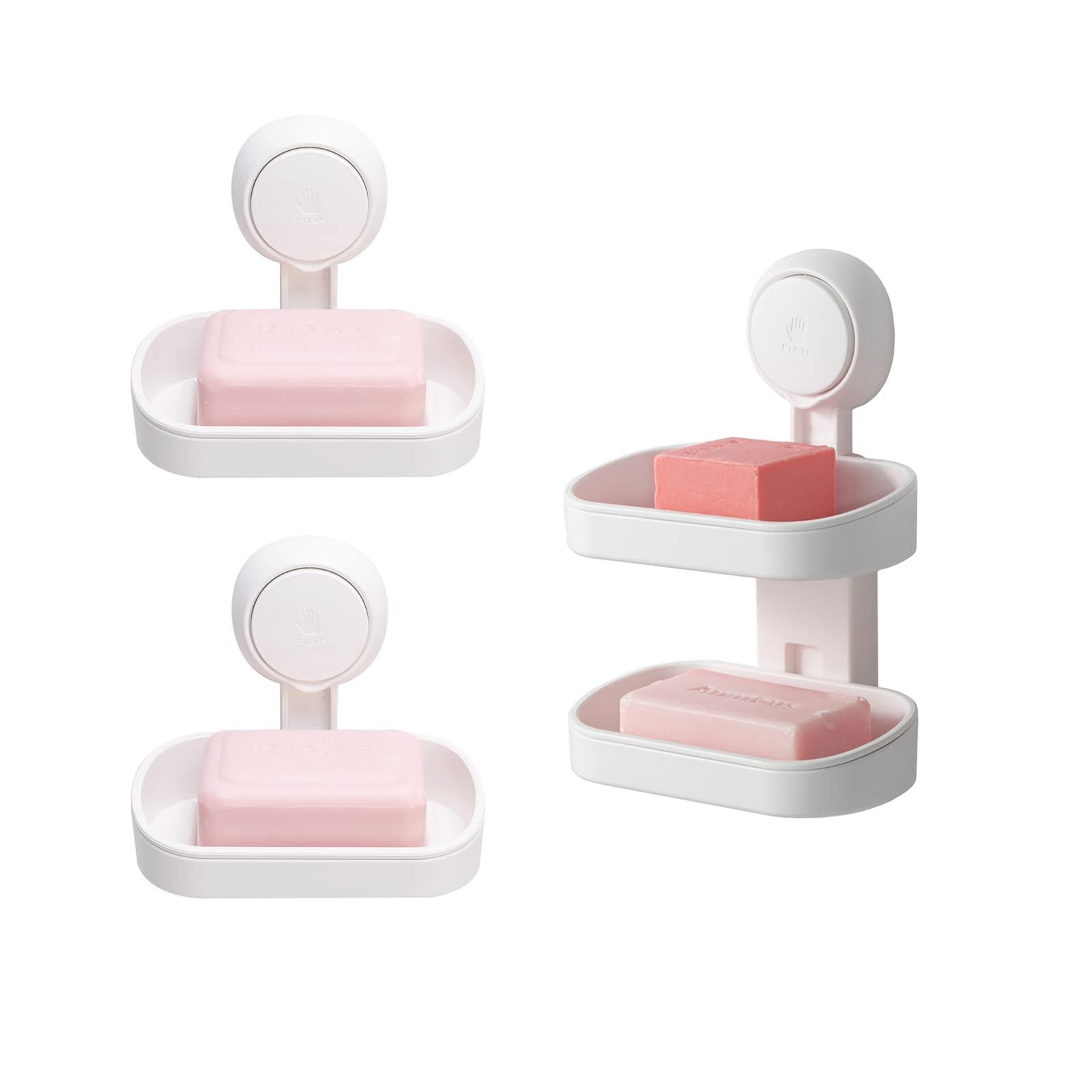 TAILI Suction Cup Soap Holder 3 Pack, Vacuum Suction Soap Dish,Plastic Bar Soap Holder for Shower Wall Mounted Drill-Free,Soap Holder for Shower,Bathroom,Tub and Kitchen Sink,Removable,White