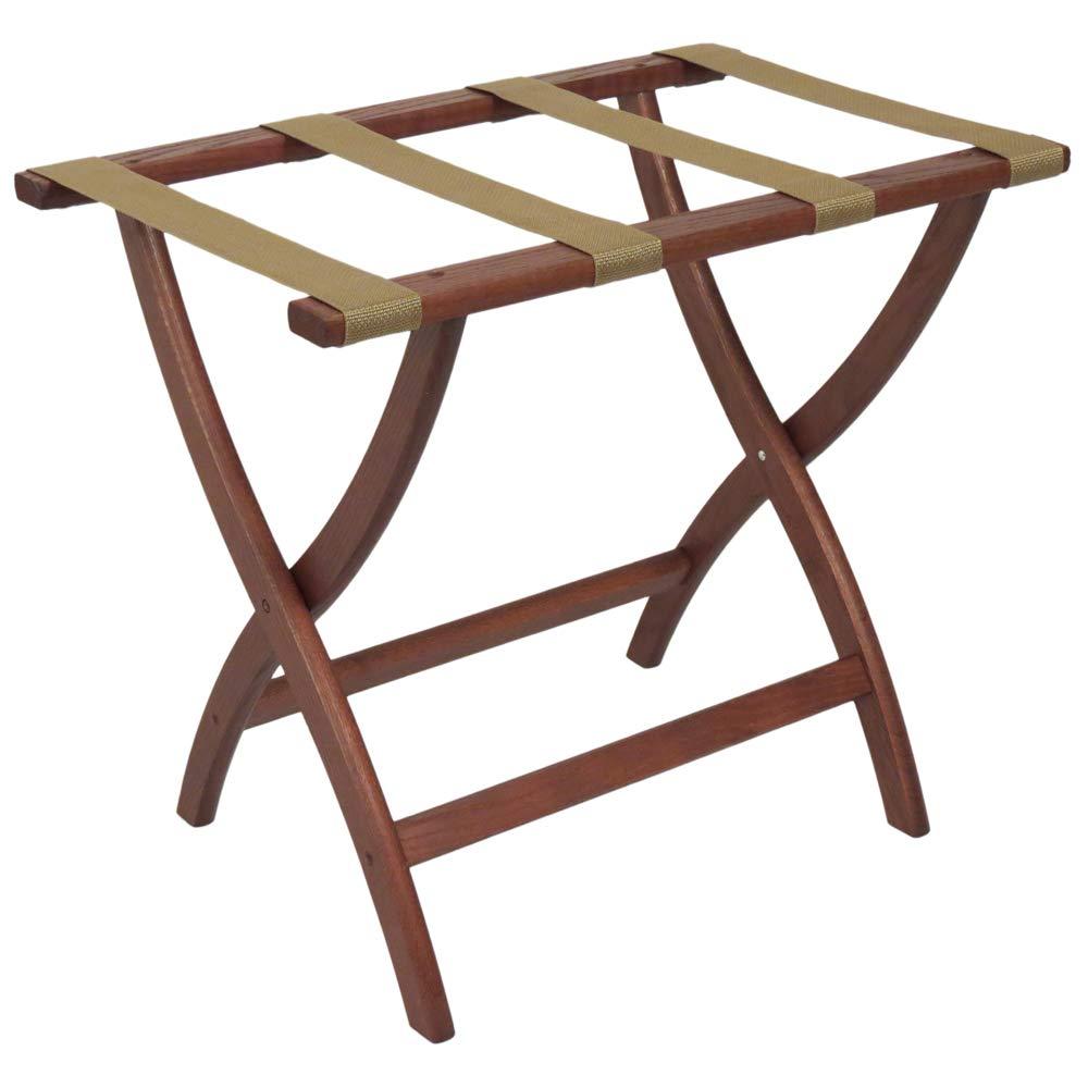 Wooden Mallet Designer Curve Leg Luggage Rack,Tan Straps, Mahogany