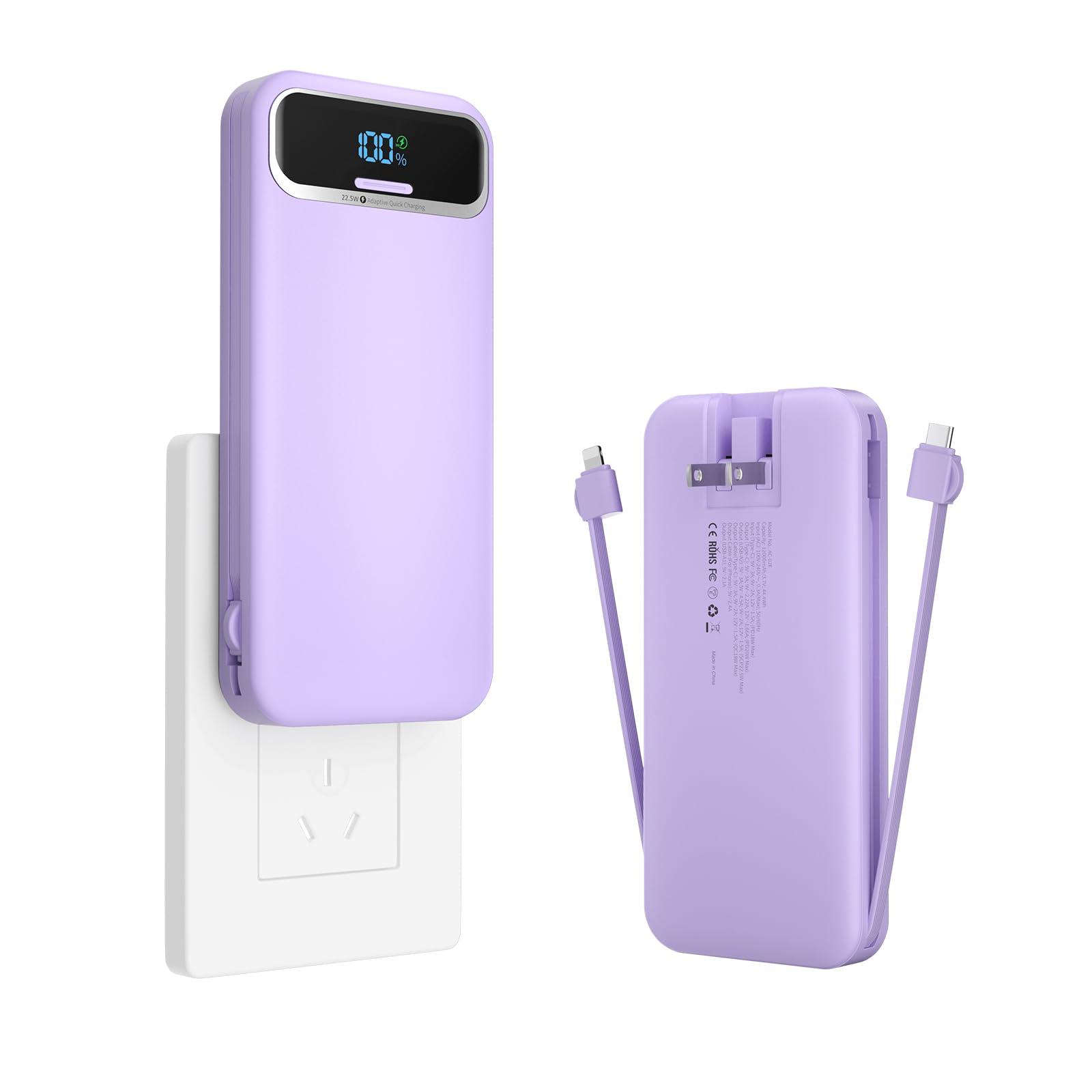 Portable-Charger Power-Bank with Built-in Cables & AC Wall Plug - 12000mAh PD 20W Fast Charging for iPhone,Samsung,Android, USB-C,Rechargeable External Battery Pack for Cell Phone,Type C,Travel Purple - Image 8