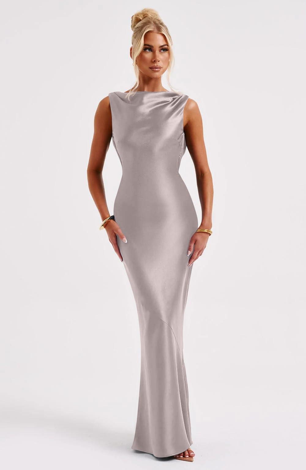 Memoriesea Women's Satin Elegant Sleeveless High Neck Tie Cocktail Party Maxi Dress - Image 2