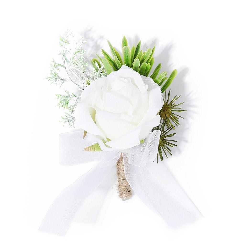Latious Wedding Rose Boutonniere White Groom Flower Men's Boutineer Prom Buttonholes Party Suit Decor Anniversary Accessories for Bridegroom and Man (A- White)