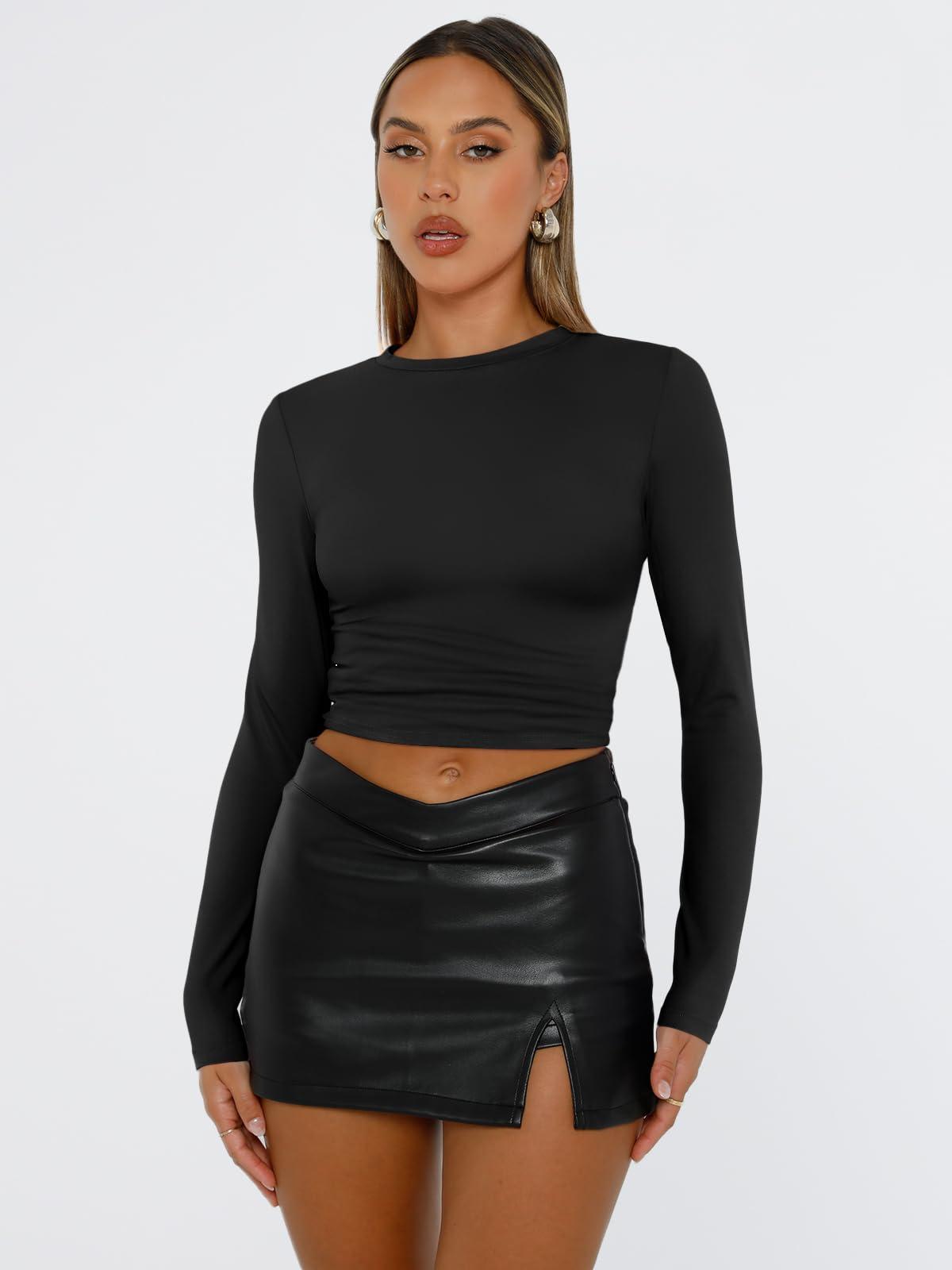 Trendy Queen Womens Long Sleeve Shirts Basic Tees Crop Tops Going Out Spring 2025 Workout Outfits Y2k Clothes - Image 2