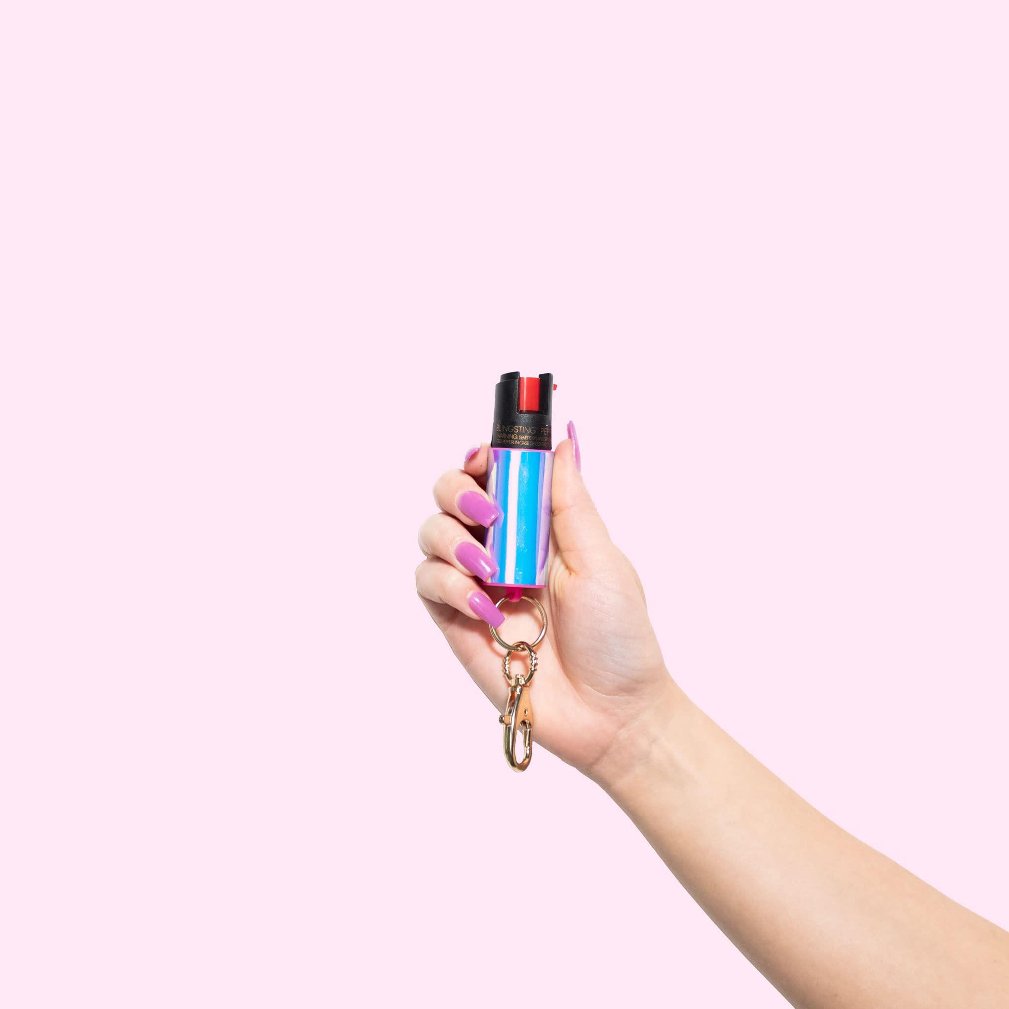 BLINGSTING Pepper Spray for Women - Maximum Strength OC Self Defense Spray - 12 ft Range - UV Marking Dye for Police ID - Swipe Safety Lock, Compact & Fashionable Keychain - Holographic - Image 5