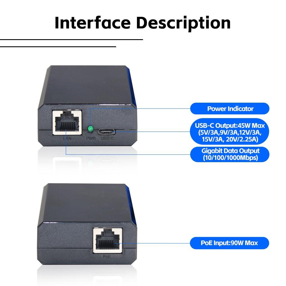60W Gigabit PoE++ Splitter IEEE802.3bt to USB-C Power Adapter Output 5V/9V/12V/15V/20V for Raspberry Pi 4,Eero,Laptop,Google Mesh,Phone,Tablets,Google Pixel - Image 2