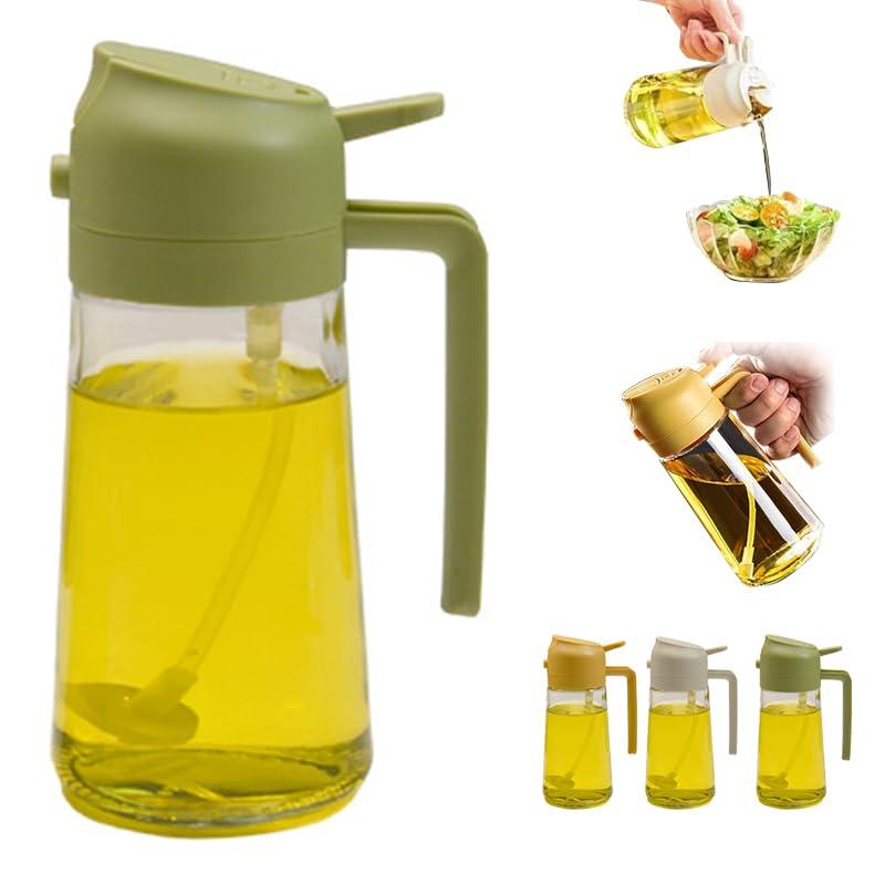 2 in 1 glass olive oil filling bottle, 2 in 1 cooking oiler, spray, kitchen press fuel injector, used for salad making, baking, frying, barbecue, kitchen gadgets (470ml) (green)