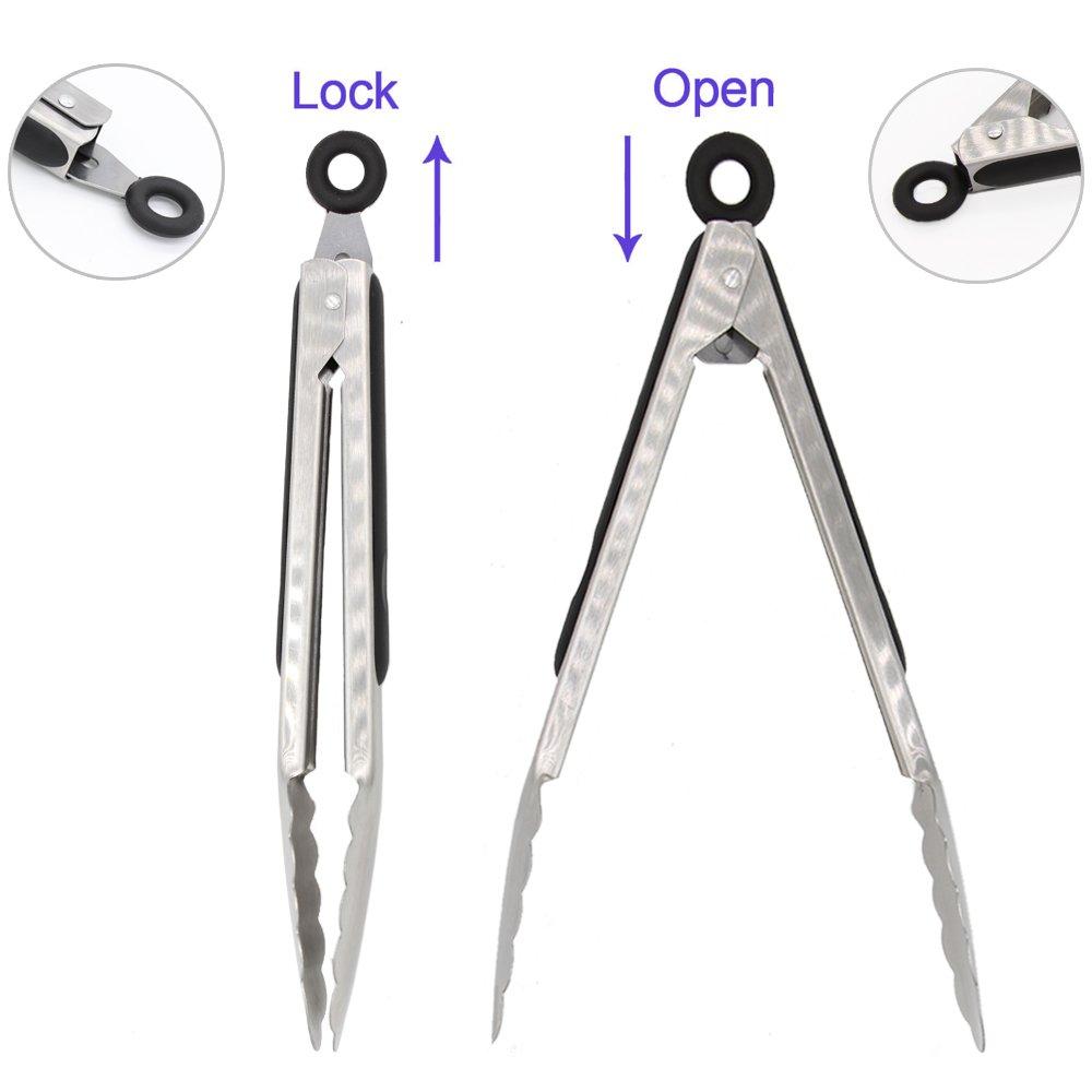 304 Stainless Steel Kitchen Cooking Tongs, 9" and 12" Set of 2 Sturdy Grilling Barbeque Brushed Locking Food Tongs with Ergonomic Grip, Black - Image 5