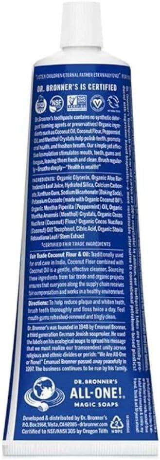 Dr. Bronner’s All-One Toothpaste Pack of 3– Peppermint, 5 oz– Fluoride-Free Toothpaste for Adults, SLS-Free, 70% Organic & Natural Ingredients, Vegan, Helps Freshen Breath & Reduce Plaque - Image 4
