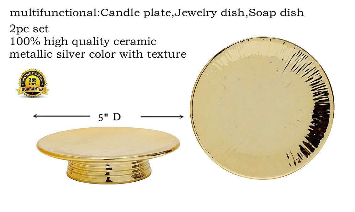 Ceramic Gold Candle Holders Set 2 Modern Pillar Candle Stand Candle plate Table Centerpiece Jewelry dish golden Tray riser display stand for Home,Dinning,Party,Wedding,Birthday,Anniversary Decorations - Image 4